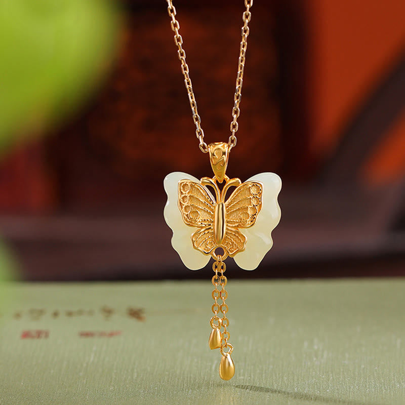 Buddha Stones 925 Sterling Silver Plated Gold Hetian White Jade Butterfly Blessing Necklace Pendant