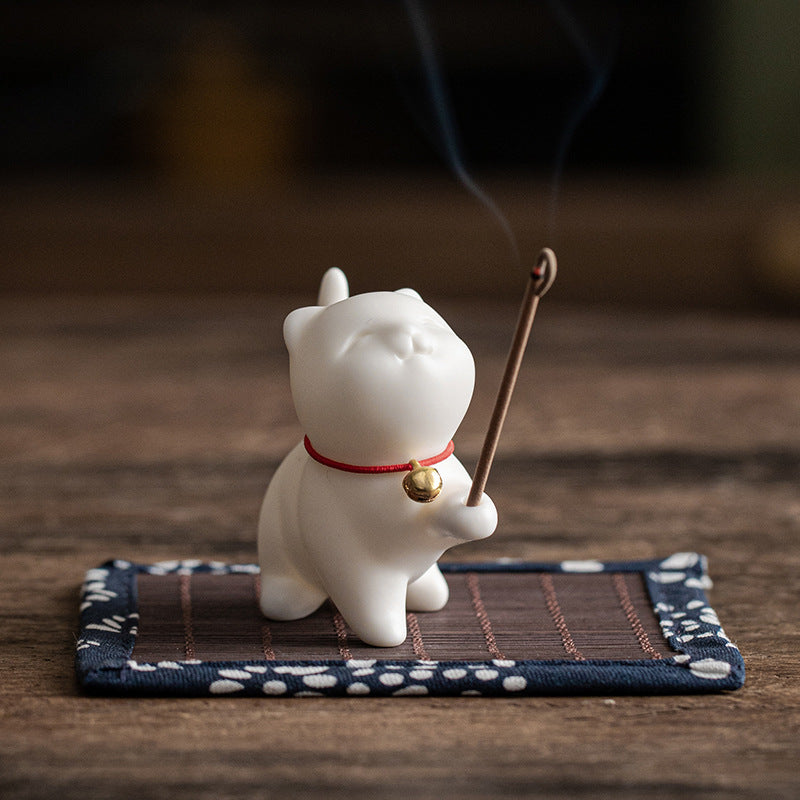 Buddha Stones Mini Lucky Cat Kitten Tea Pet Ceramic Home Desk Figurine Decoration With Bamboo Mat