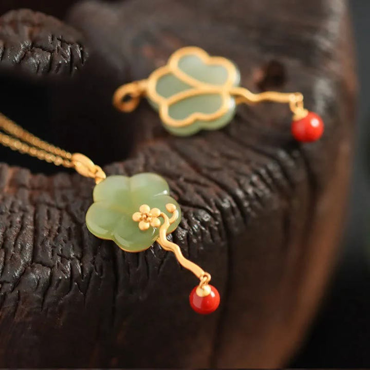 Vintage Plum Blossom Flower Jade Red Agate Prosperity Necklace Pendant