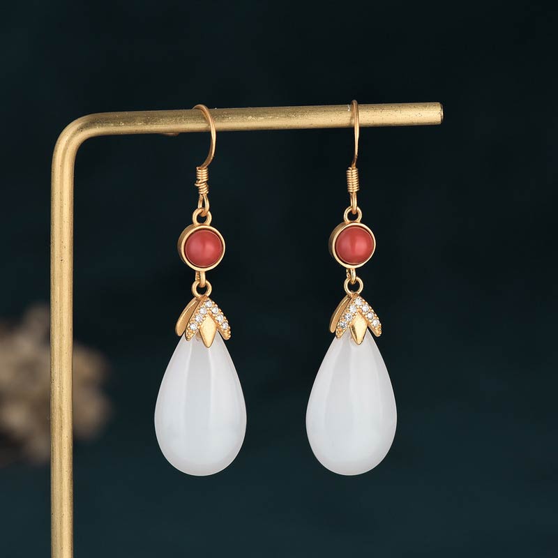 Buddha Stones FengShui White Jade Luck Drop Earrings