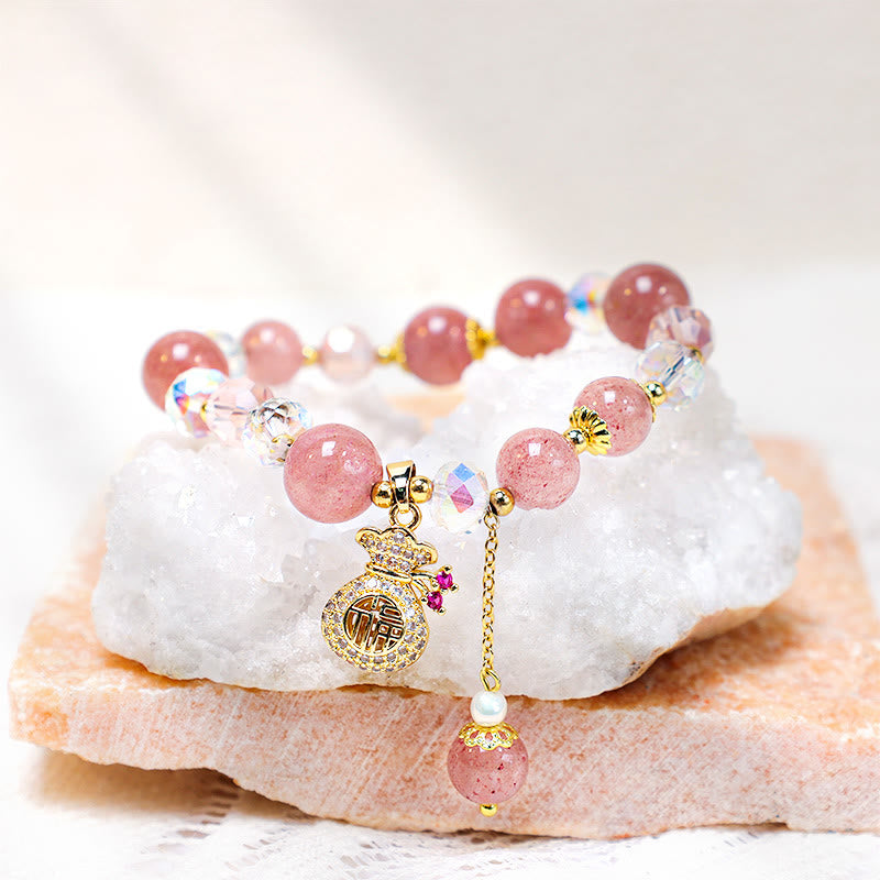 Buddha Stones Natural Strawberry Quartz Crystal Money Bag Charm Positive Bracelet