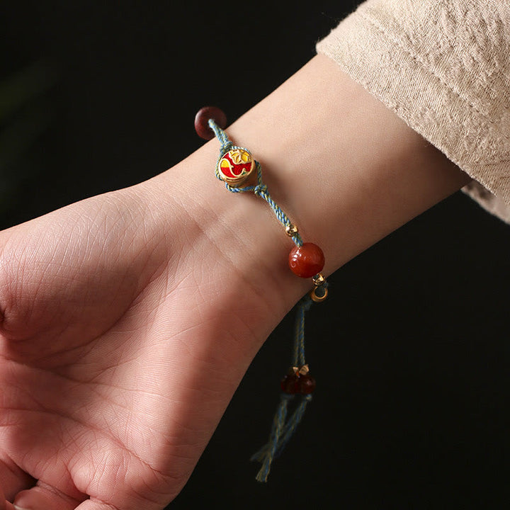 Buddha Stones Handmade Auspicious Clouds Hetian Jade Fu Character Luck Fortune Rope Bracelet