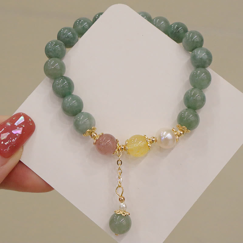 Buddha Stones Jade Pearl Strawberry Quartz Abundance Luck Bead Charm Bracelet