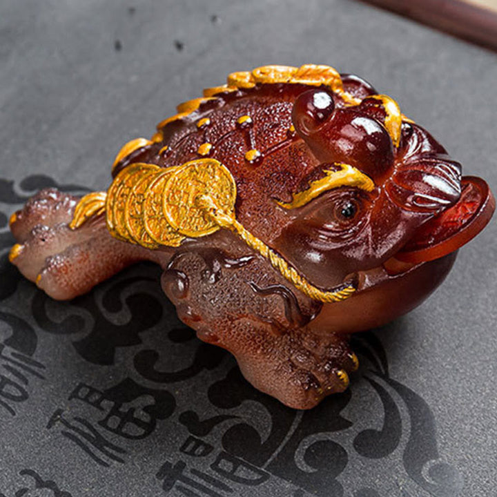 Buddha Stones Color Changing FengShui Wealth Lucky Frog Copper Coin Tea Pet Resin Figurine Decoration