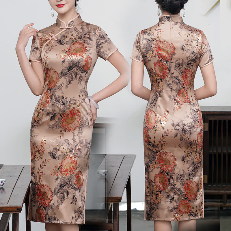 Buddha Stones Retro Flower Lotus Peony Feather Print Qipao Dress Women's Cheongsam Dress