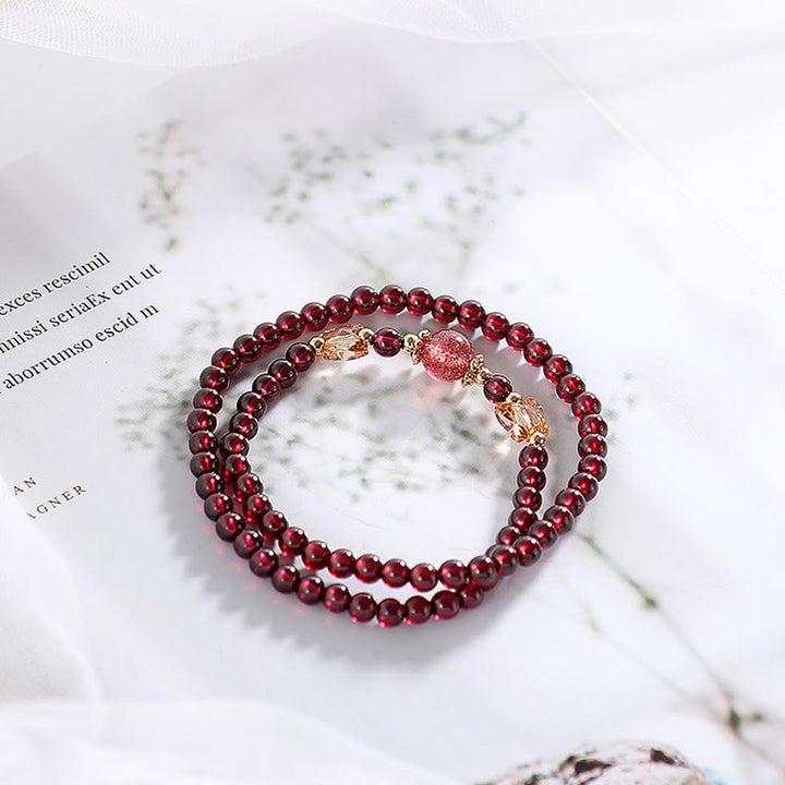 Buddha Stones 14K Gold Plated Natural Garnet Strawberry Quartz Butterfly Protection Double Wrap Bracelet