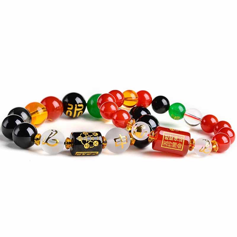 Buddha Stones Chinese Zodiac Feng Shui Obsidian Five-Element Wealth Porsperity Bracelet