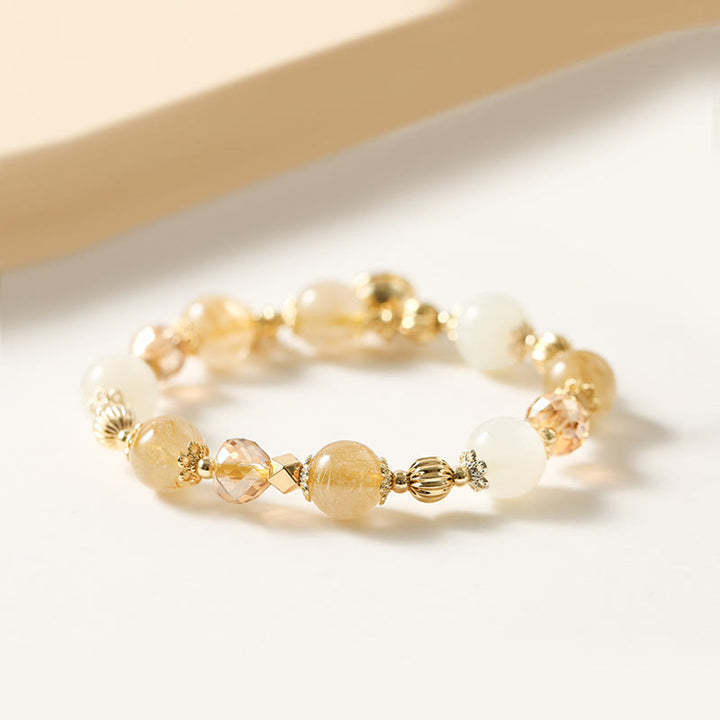 Buddha Stones 14K Gold Plated Golden Rutilated Quartz Wealth Bell Lucky Fortune Charm Bracelet