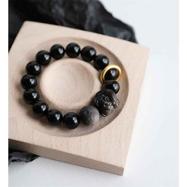 Black Obsidian Silver Sheen Obsidian Lion Strength Bracelet