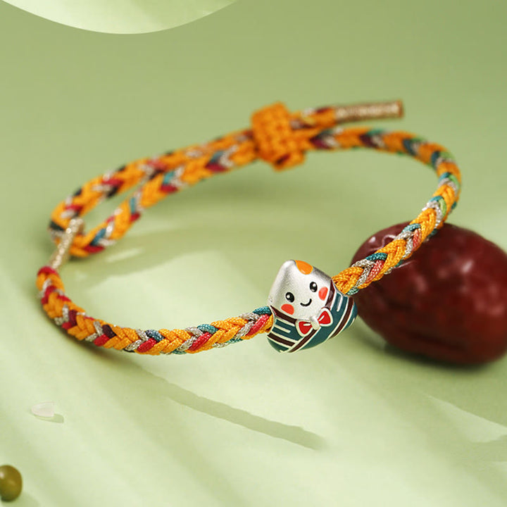 Buddha Stones 925 Sterling Silver Dragon Boat Festival Zongzi Pattern Luck Handmade Multicolored Rope Child Adult Bracelet