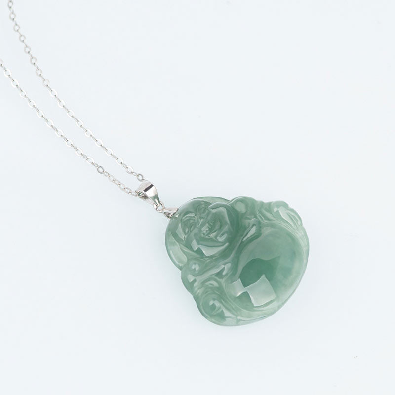 Buddha Stones 925 Sterling Silver Laughing Buddha Jade Protection Calm Necklace Chain Pendant