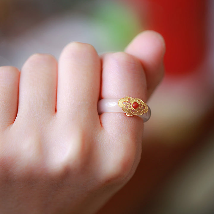 Buddha Stones White Agate Cyan Jade Turquoise Red Agate Luck Protection Ring