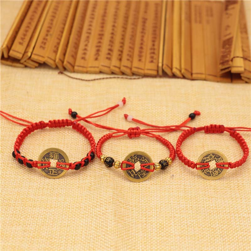 Buddha Stones Copper Coin Fortune Red String Weave Bracelet