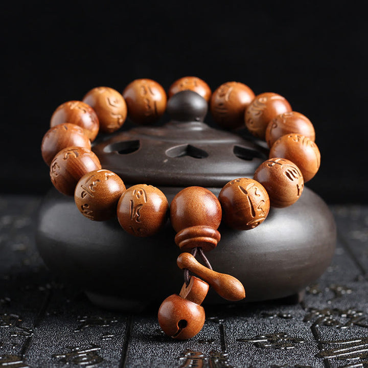 Buddha Stones Natural Tibetan Peach Wood Om Mani Padme Hum Engraved Ward Off Evil Spirits Bracelet