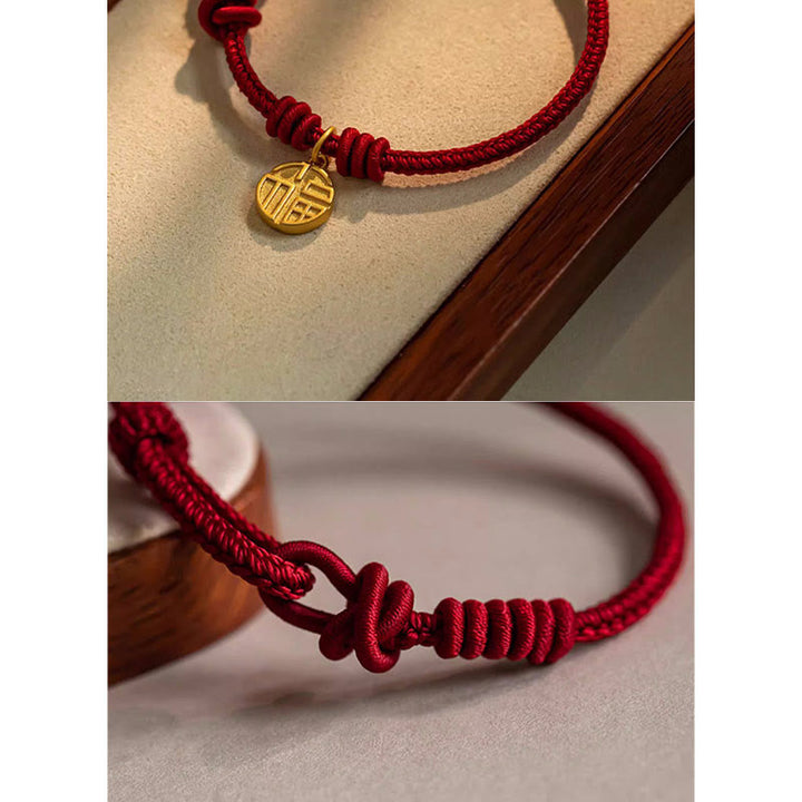 Buddha Stones Handmade Eight Thread Peace Knot Fu Character Charm Luck Happiness Red Rope Bracelet