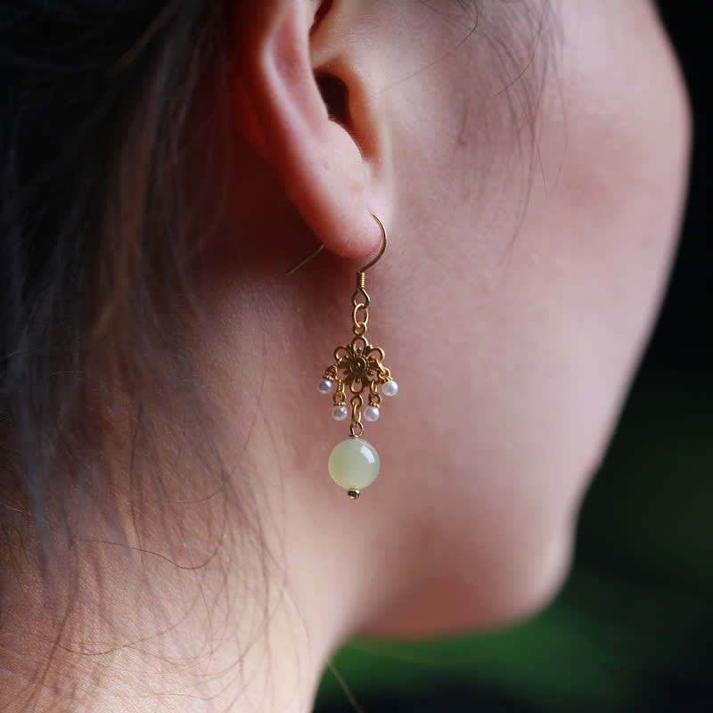 Hetian Jade Flower Pattern 14K Gold Plated Luck Drop Dangle Earrings