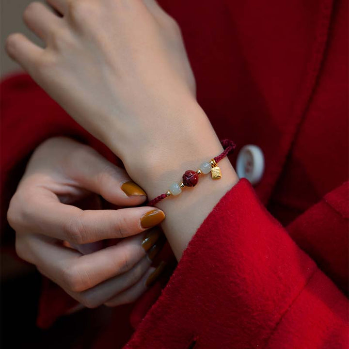 Buddha Stones Cinnabar Jade Lotus Calm Red String Weave Bracelet