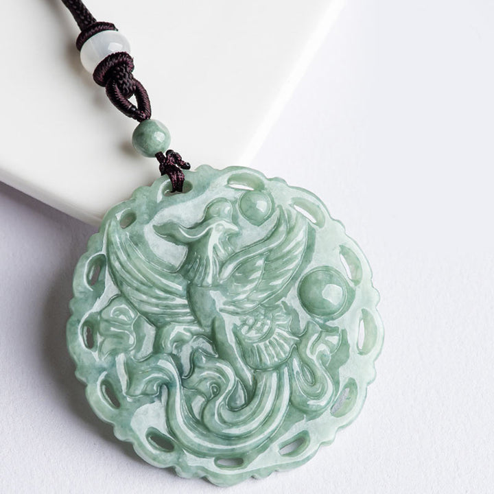 Buddha Stones Chinese Zodiac Dragon Phoenix Round Jade Luck Necklace String Pendant