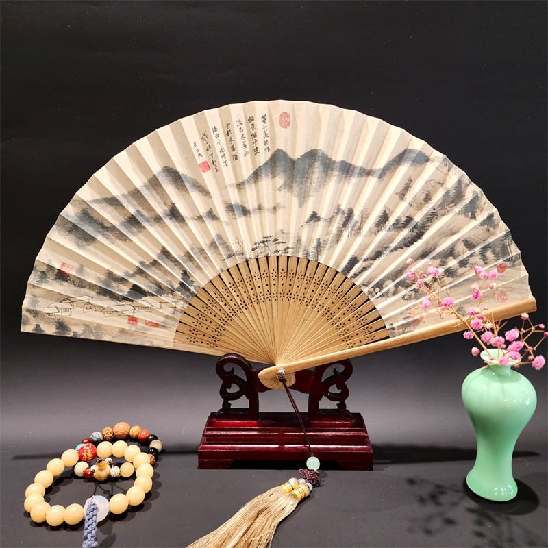 Buddha Stones A Panorama Of Rivers And Mountains Cranes Orchid Flower Paper Bamboo Handheld Silk Bamboo Folding Fan 22cm