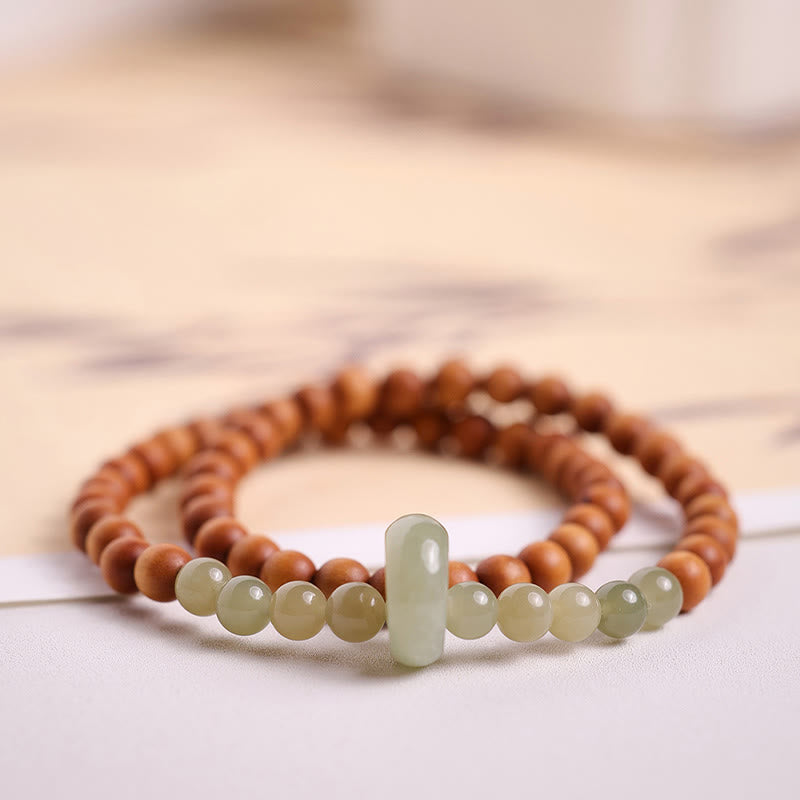 Buddha Stones Sandalwood Hetian Jade Protection Double Wrap Bracelet