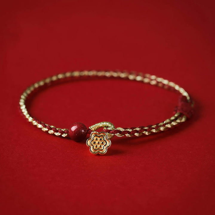 Buddha Stones Handmade 925 Sterling Silver Lotus Cinnabar Gold Bead Blessing Braid Bracelet