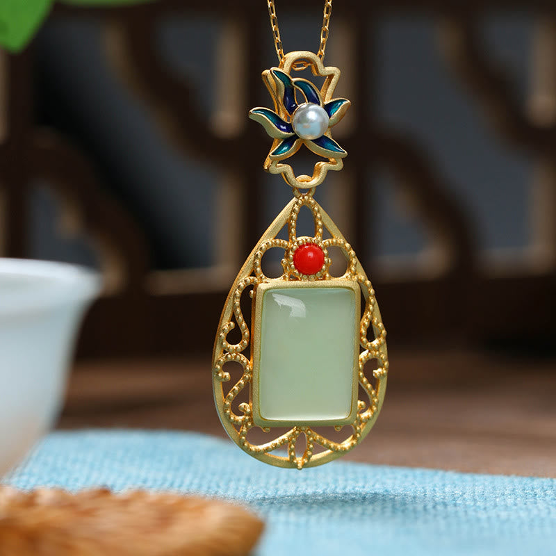 Vintage Flower Jade Plated Gold Prosperity Necklace Pendant