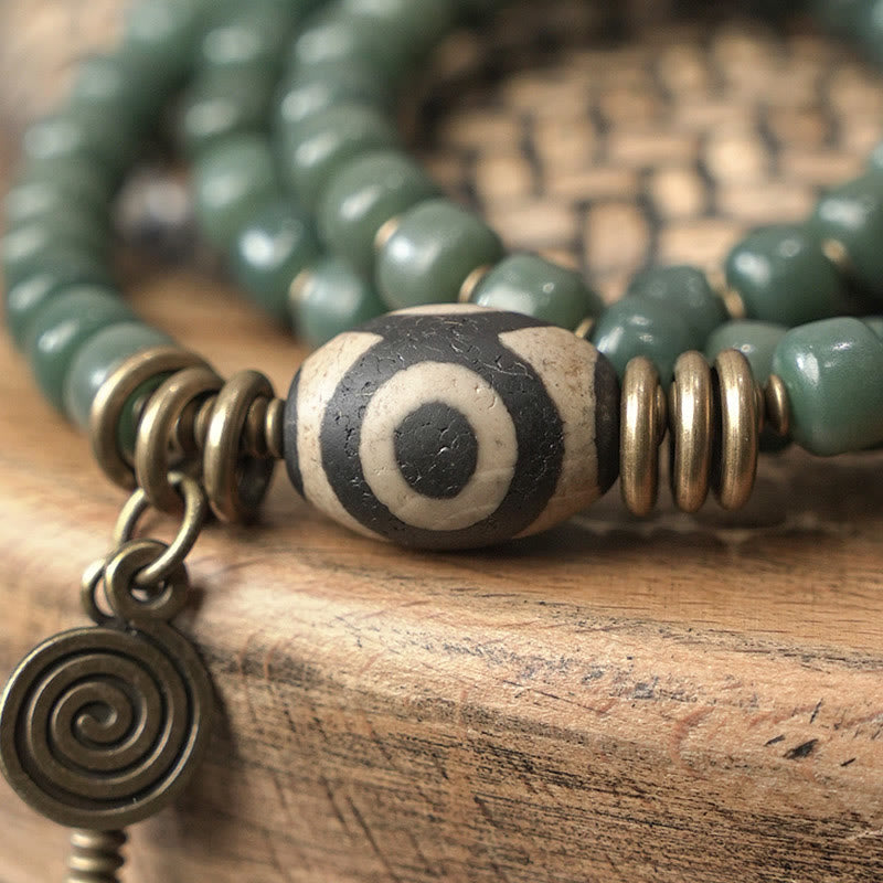 Cyan Bodhi Seed Dzi Bead Wisdom Peace Triple Wrap Bracelet