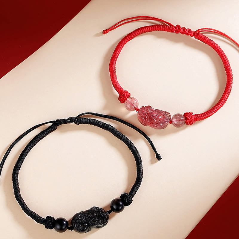 Buddha Stones Handmade Natural Silver Sheen Obsidian Strawberry Quartz PiXiu Protection Braided Bracelet