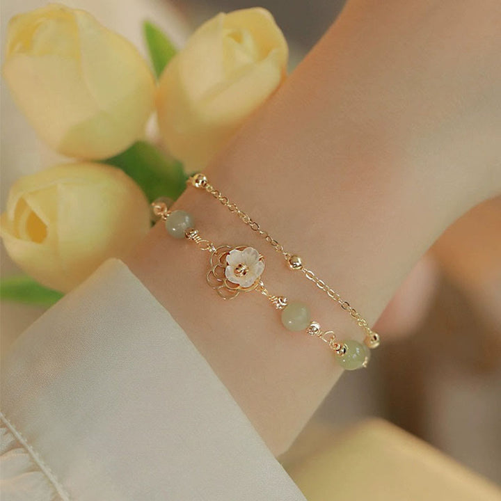 Buddha Stones 14K Gold Plated Jade Butterfly Tridacna Stone Flower Double Layer Luck Bracelet