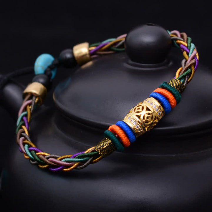 Buddha Stones Tibetan Handmade Eight Thread Knot Copper Coin Luck Weave String Bracelet