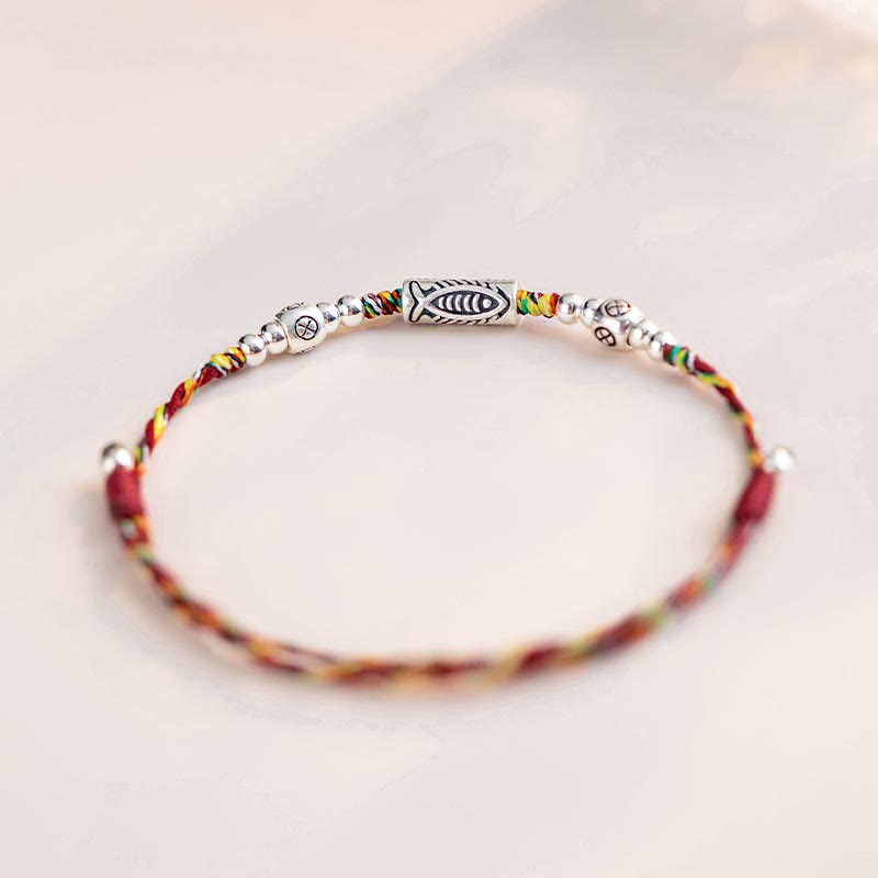 Buddha Stones 925 Sterling Silver Luck Koi Fish Braided Colorful String Bracelet Anklet