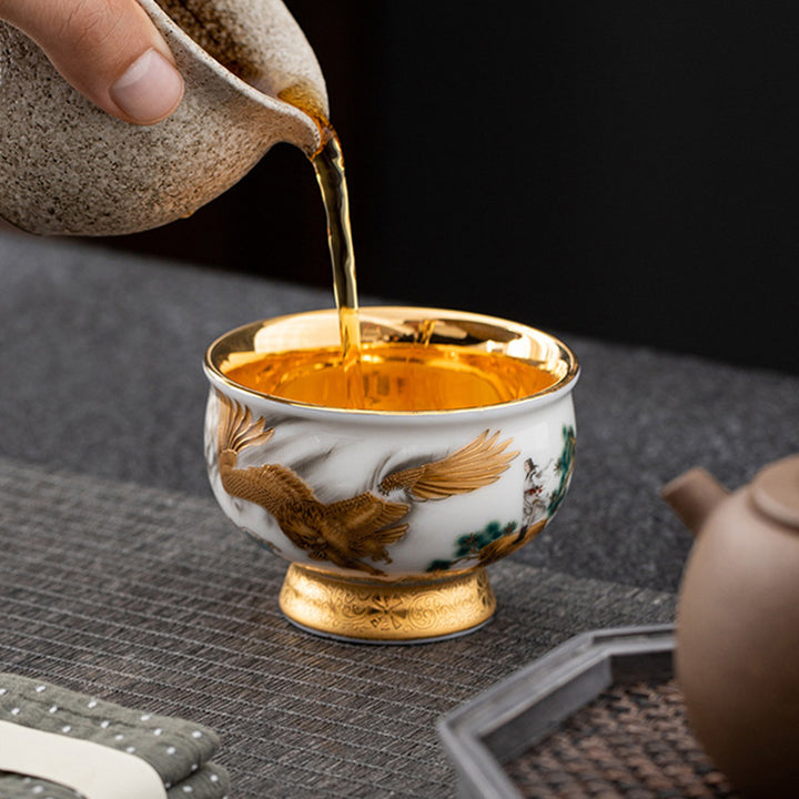 Buddha Stones Golden Eagle Auspicious Dragon Sun Ocean Waves Gilt Ceramic Teacup Kung Fu Tea Cup