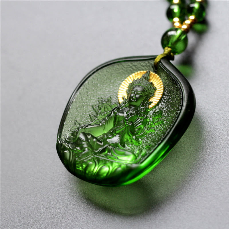 Buddha Stones Tibetan Green Tara Buddha Gold Plated Liuli Crystal Protection Necklace Pendant