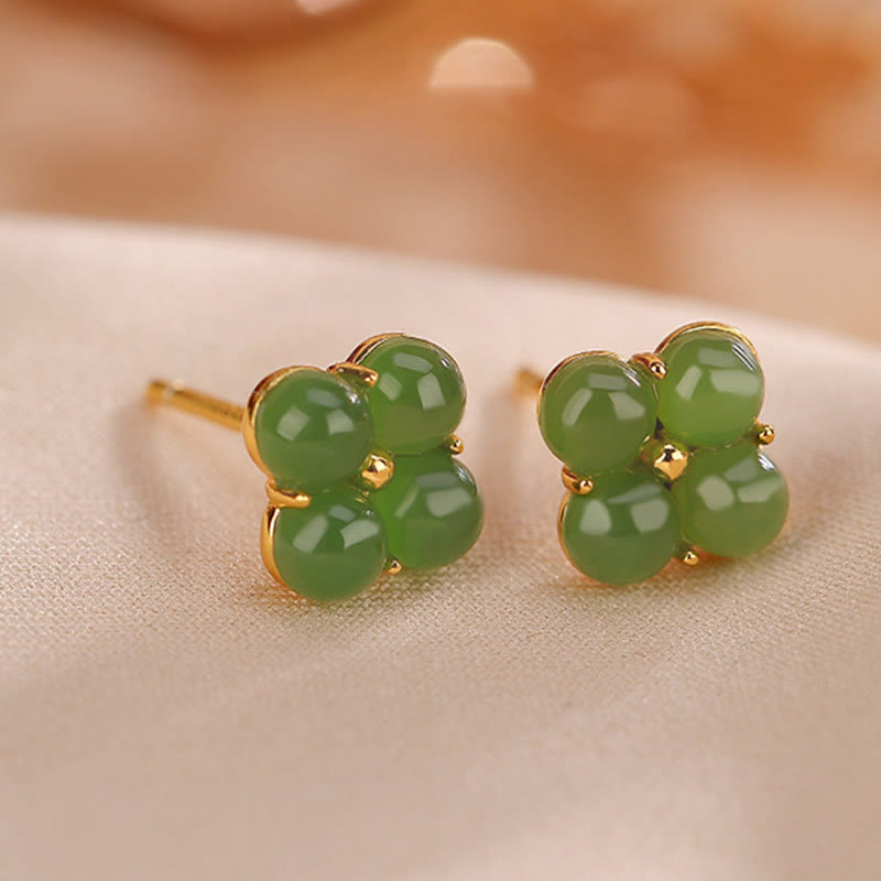 Buddha Stones 925 Sterling Silver Plated Gold Natural Cyan Jade Four Leaf Clover Luck Stud Earrings