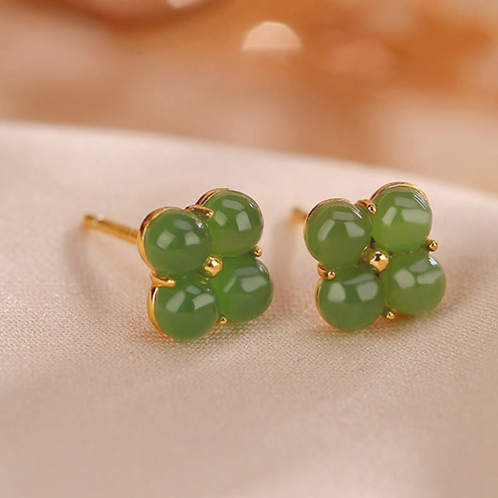 Buddha Stones 925 Sterling Silver Plated Gold Natural Cyan Jade Four Leaf Clover Luck Stud Earrings