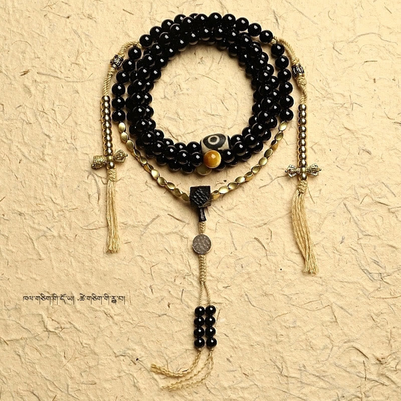 Tibetan 108 Mala Beads Black Onyx Three-eyed Dzi Beads Protection Bracelet