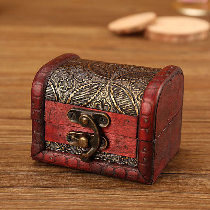 Buddha Stones Retro Small Wood Jewelry Box Lotus Golden Grape Copper Coin Daffodil Grass Flower Jewelry Storage Box