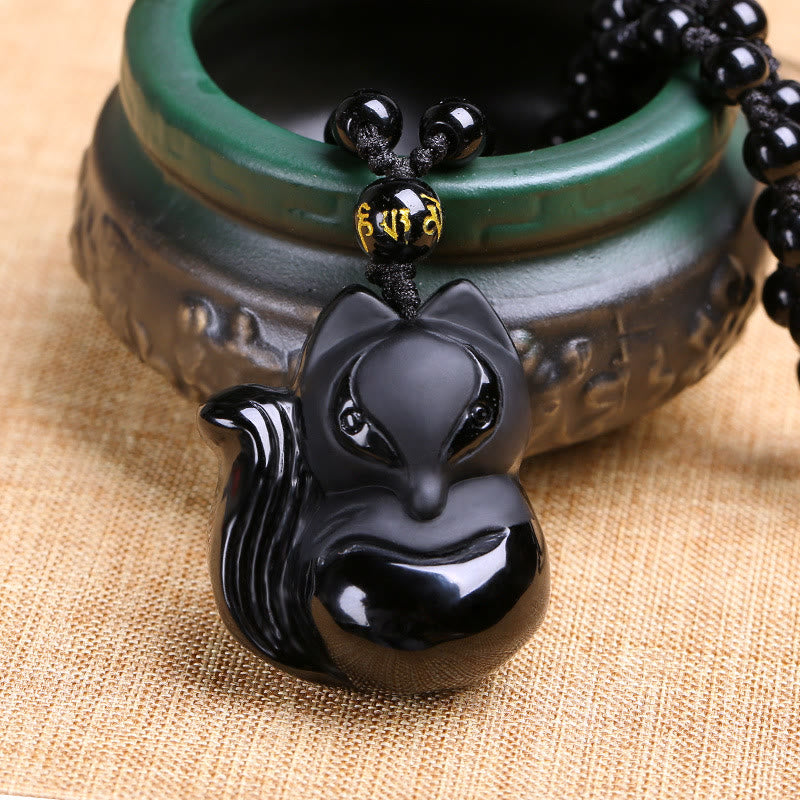 Buddha Stones Natural Black Obsidian Tiger Eye Ice Obsidian Fox Pendant Amulet Necklace