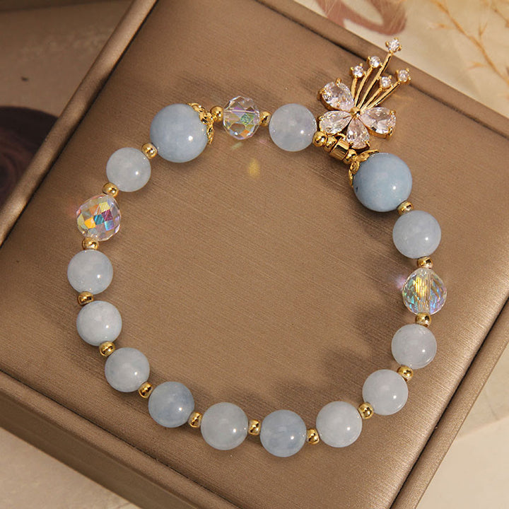 Buddha Stones Aquamarine Pink Crystal Healing Zircon Butterfly Charm Bracelet