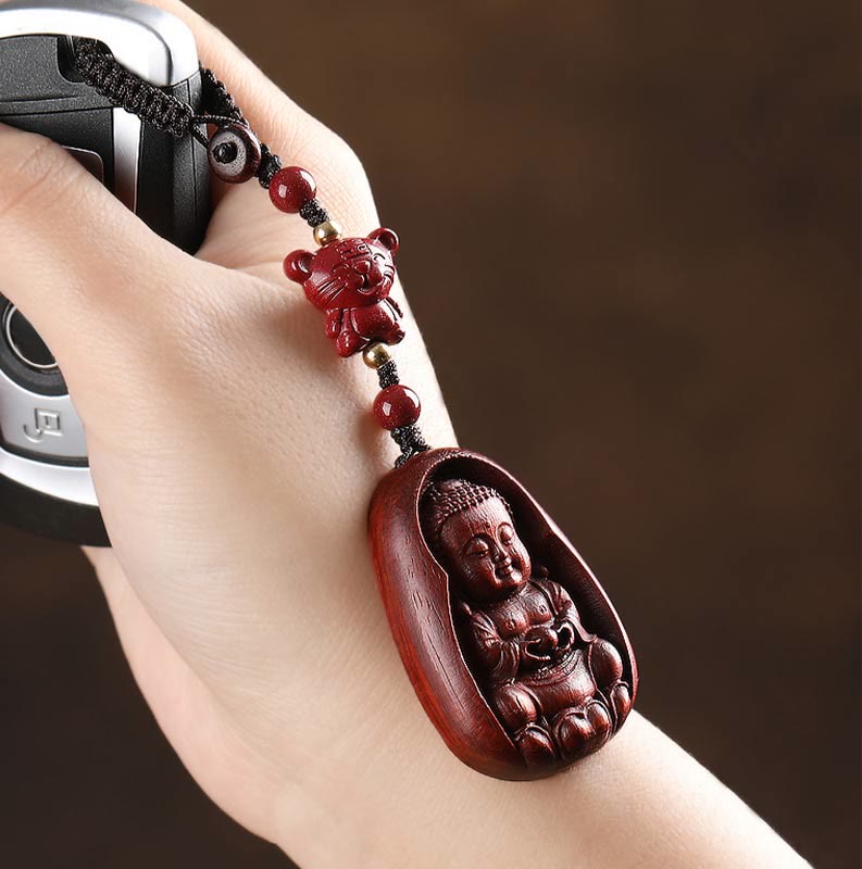 Buddha Stones Small Leaf Red Sandalwood Buddha Cinnabar Chinese Zodiac Amulet Protection Key Chain