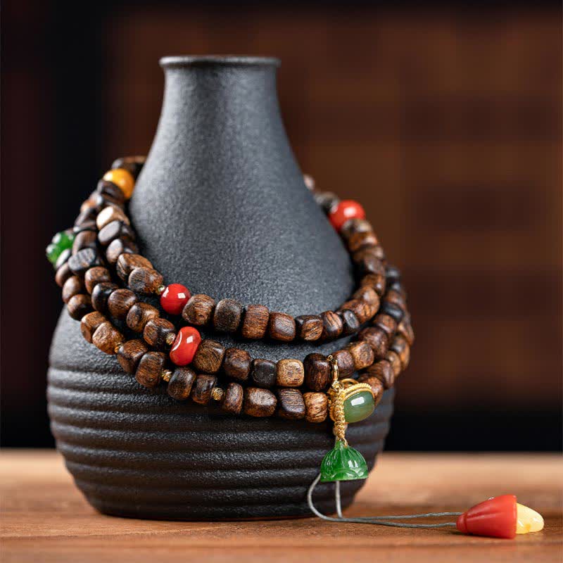 Buddha Stones 108 Mala Beads 925 Sterling Silver Brunei Agarwood Red Agate PiXiu Hetian Jade Peace Strength Bracelet