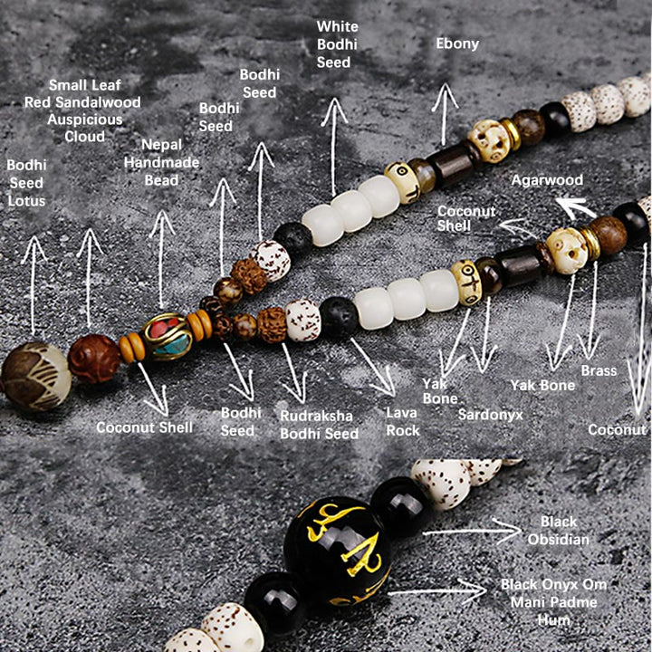 108 Mala Beads Bodhi Seed Yak Bone Avalokitesvara Lucky Pixiu Guan Gong Buddha Demon Peace Tassel Bracelet