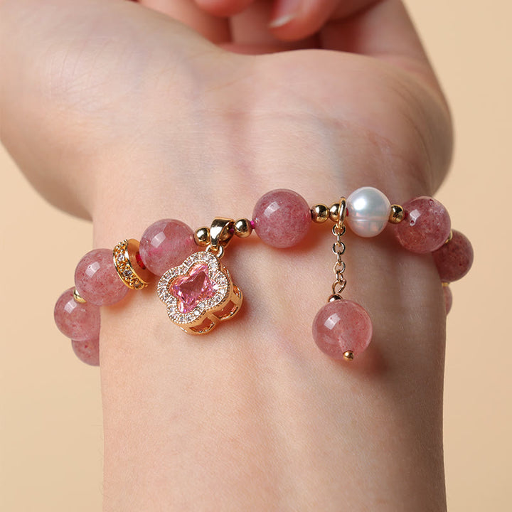 Buddha Stones Strawberry Quartz Pearl Four Leaf Clover Charm Healing Bracelet