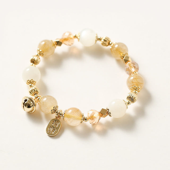 Buddha Stones 14K Gold Plated Golden Rutilated Quartz Wealth Bell Lucky Fortune Charm Bracelet