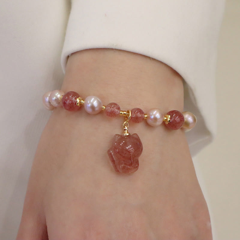 Buddha Stones Natural Pearl Strawberry Quartz Cute Fox Love Healing Charm Bracelet