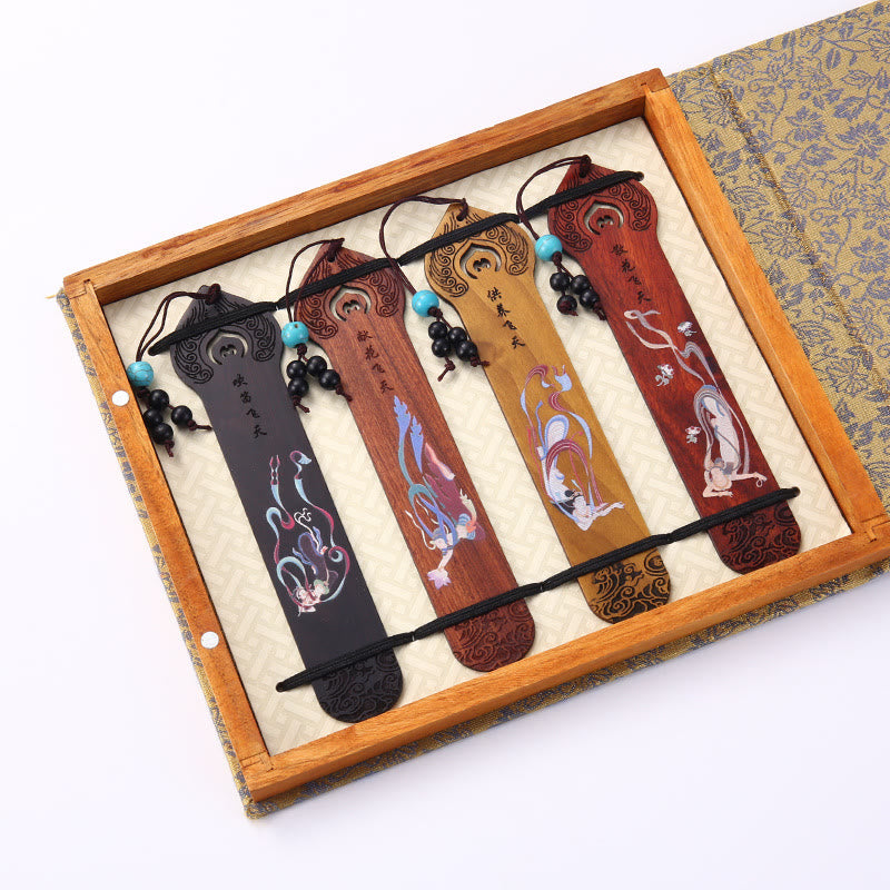 Buddha Stones 4Pcs Four Seasons Plum Orchid Bamboo Chrysanthemum Peking Opera Mask Wood Bookmarks With Gift Box