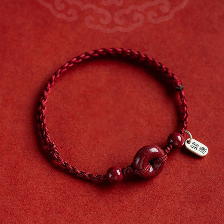 Buddha Stones Handmade Cinnabar Peace Buckle Safe and Healthy Charm Blessing String Bracelet Anklet