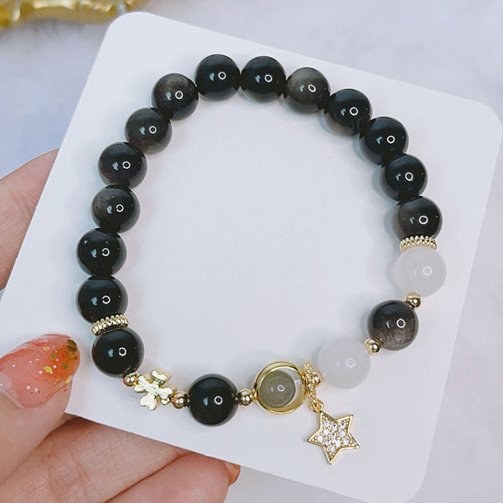 Buddha Stones Natural Silver Sheen Obsidian Love Heart Star Flower Protection Bracelet