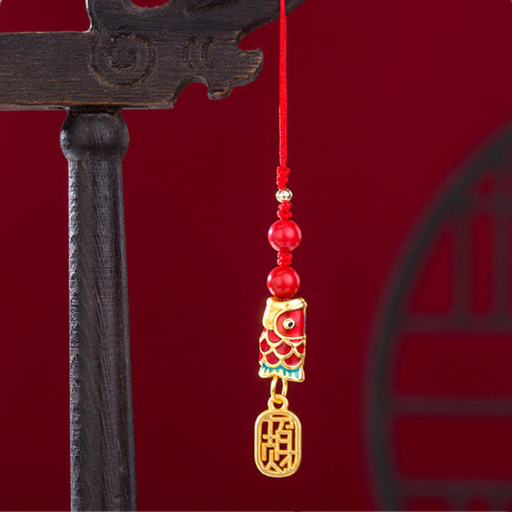 Buddha Stones Koi Fish Cinnabar Attracting Wealth Wish Ruyi Charm Luck Phone Hanging Decoration