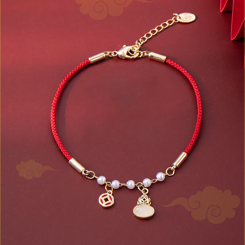 Buddha Stones Copper Coin Pearl Gourd Charm Braided Red Rope Bracelet